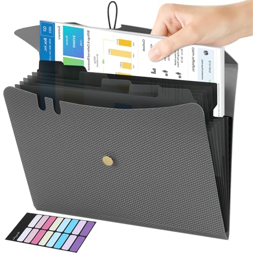 Fächermappe A4, Dokumentenmappe 7 Fächer mit Deckel, Erweiterbare Aktenordner mit Etiketten, Tragbar Mappe mit Fächern für Zuhause Büro Schule und Auf Reisen von MIILLPOP
