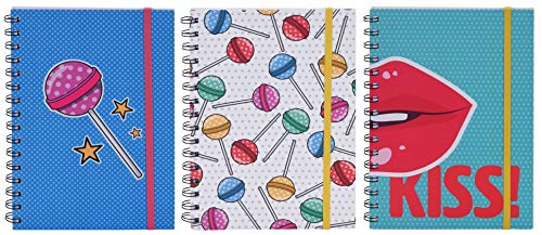 3 Stück Set Spiral-Notizbuch Ringbuch A5 Liniert mit Gummiband, 80ies Lollipop-Design, Tagebuch Journal für Memos, zum Malen, 80 Blatt von MIJOMA