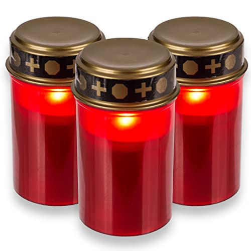 LED Grablichter für den Außenbereich - Batteriebetrieben, realistischer Flackereffekt, 6 Monate Leuchtdauer - Grablicht Grabkerze Grablampe (3 Stück Set, rot) von MIJOMA