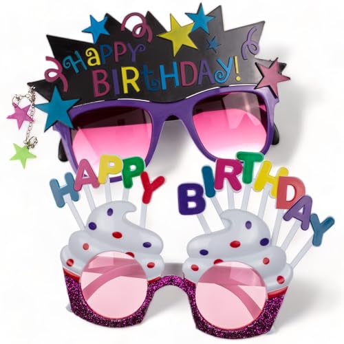MIJOMA 2er Set Geburtstagsbrille für Erwachsene – Lustige Partysonnenbrille ohne Sehstärke, Ideal für Motto-Partys und Karneval (Happy Birthday Stars & Cake) von MIJOMA