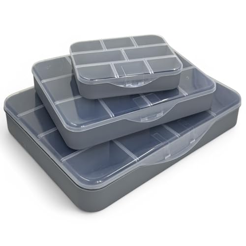 MIJOMA 3-tlg Set Sortierboxen für Kleinteile Aufbewahrungsbox Sortimentskasten Sortierbox Ordnungs-Box, mit Deckel, Kunststoff, 25x19x4cm, 19x14.5x3.5cm, 12x9x3cm von MIJOMA