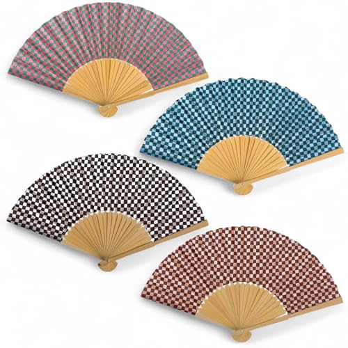 MIJOMA 4er Set Handfächer aus Holz – Fächer für Sommer, Hochzeit, Strand, Pride & Feste – edles Fächer-Set zur Abkühlung – Faltfächer mit Stoffbespannung (Karomuster) von MIJOMA