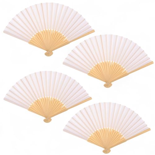 MIJOMA 4er Set Handfächer aus Holz – Fächer für Sommer, Hochzeit, Strand, Pride & Feste – edles Fächer-Set zur Abkühlung – Faltfächer mit Stoffbespannung (Weiß) von MIJOMA