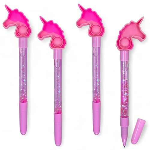 MIJOMA 4er Set Kugelschreiber mit Fidget Pop It Topper – Zauberhaftes Schreibvergnügen, Dinosaurier & Einhorn, Glitzerflüssigkeit, Schwarze Tinte, 20cm (Einhorn) von MIJOMA