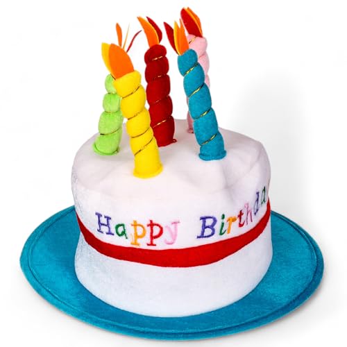 MIJOMA Bunter Plüsch-Geburtstagshut mit Happy Birthday Stickerei und einladenden, weichen Plüsch-Kerzen, stabile Hutkrempe, 30x27cm – Party Accessoire für jedes Alter von MIJOMA