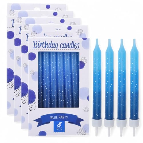 MIJOMA Geburtstagskerzen Set – 32 Kuchenkerzen mit Haltern – 8 cm lange Tortenkerzen für Geburtstag, Hochzeit, Jubiläum, Party – Hochwertige Dekokerzen für festliche Anlässe (Blau) von MIJOMA