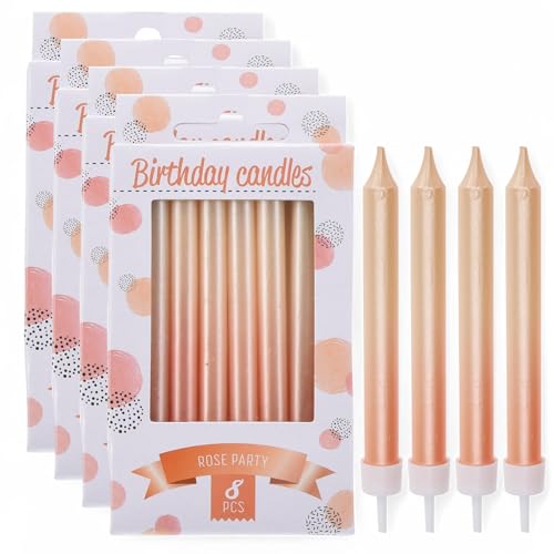 MIJOMA Geburtstagskerzen Set – 32 Kuchenkerzen mit Haltern – 8 cm lange Tortenkerzen für Geburtstag, Hochzeit, Jubiläum, Party – Hochwertige Dekokerzen für festliche Anlässe (Roségold) von MIJOMA