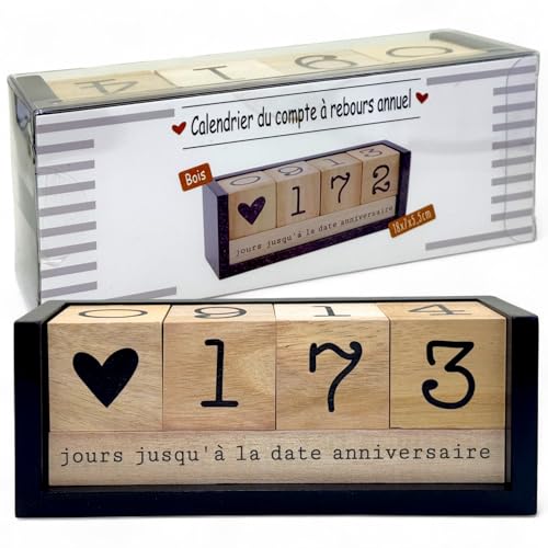 MIJOMA Jahres Countdown Kalender aus Holz – Dauer-Tischkalender mit Deko-Würfeln – bis 432 Tage für besondere Anlässe (Schwarz/Natur - französische Edition, ca. 18 × 7 × 5,5 cm) von MIJOMA