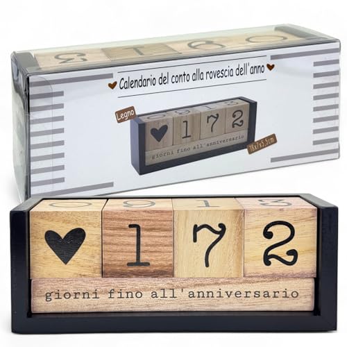 MIJOMA Jahres Countdown Kalender aus Holz – Dauer-Tischkalender mit Deko-Würfeln – bis 432 Tage für besondere Anlässe (Schwarz/Natur - italienische Edition, ca. 18 × 7 × 5,5 cm) von MIJOMA