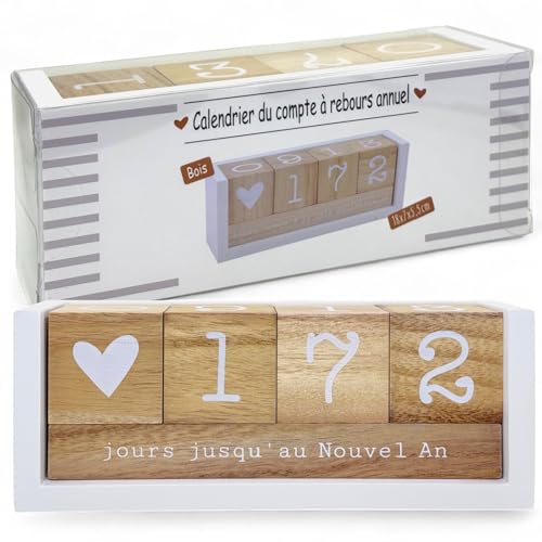 MIJOMA Jahres Countdown Kalender aus Holz – Dauer-Tischkalender mit Deko-Würfeln – bis 432 Tage für besondere Anlässe (Weiß/Natur - französische Edition, ca. 18 × 7 × 5,5 cm) von MIJOMA