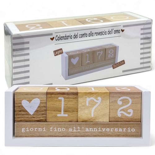 MIJOMA Jahres Countdown Kalender aus Holz – Dauer-Tischkalender mit Deko-Würfeln – bis 432 Tage für besondere Anlässe (Weiß/Natur - italienische Edition, ca. 18 × 7 × 5,5 cm) von MIJOMA