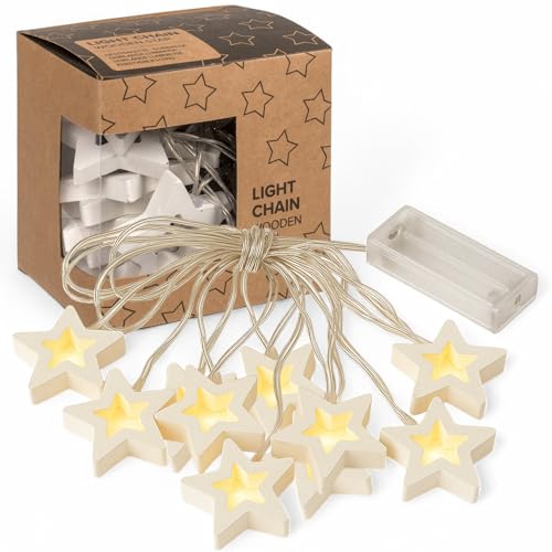 MIJOMA LED Lichterkette Sterne Holz – 10 warmweiße LEDs, Timer-Funktion, 120 cm, batteriebetrieben – Weihnachtsdeko & Kinderzimmer Beleuchtung – Indoor Deko, weiß von MIJOMA