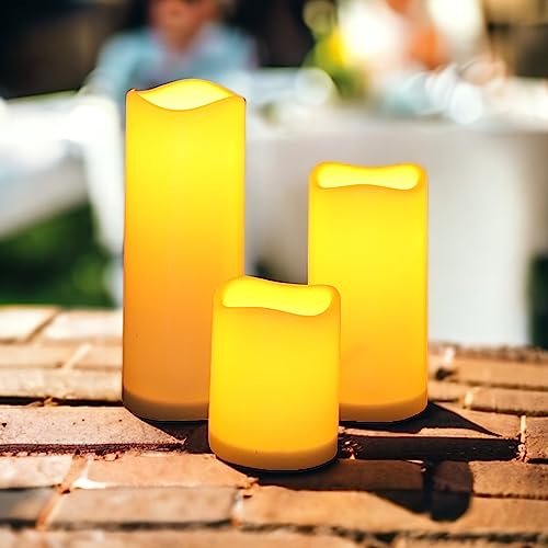 MIJOMA Outdoor LED Kerzen-Set, 3-tlg, Elfenbein, 3 Größen: 7,5x10 cm, 7,5x15 cm, 7,5x20 cm - Warmweiß Flackerlicht, 6-Stunden-Timer, Batteriebetrieben - für Außenbereich Garten Balkon Terrasse von MIJOMA