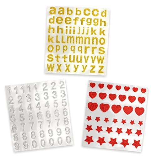 MIJOMA Set Aufkleber Sticker selbstklebend, zum Aufkleben, Basteln und Gestalten (142 Glittersticker - Zahlen Buchstaben Herzen Sterne) von MIJOMA