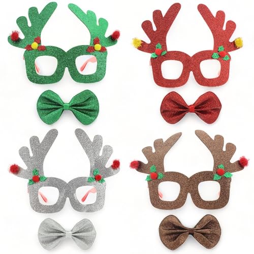 MIJOMA Set Lustige Weihnachts-Brille Gag-Brille Kostüm-Brille Weihnachten Weihnachtskostüm Weihnachtsbrille für Weihnachts-Party Deko Weihnachten (Glitzerbrillen mit Geweih & Fliege, 4 Stück Set) von MIJOMA