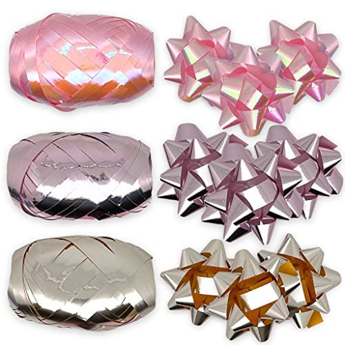 Set Ringelband Polyband Geschenk-Band Geschenkschleifen zum Basteln und Verpacken - glänzend & matt sortiert (rosa - bronze - violett, 3 Rollen Geschenkband + 9 Geschenkschleifen) von MIJOMA