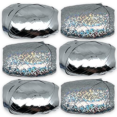 Set Ringelband Polyband Geschenk-Band Geschenkschleifen zum Basteln und Verpacken - glänzend & matt sortiert (Silber, 6 Rollen Geschenkband je 10m) von MIJOMA