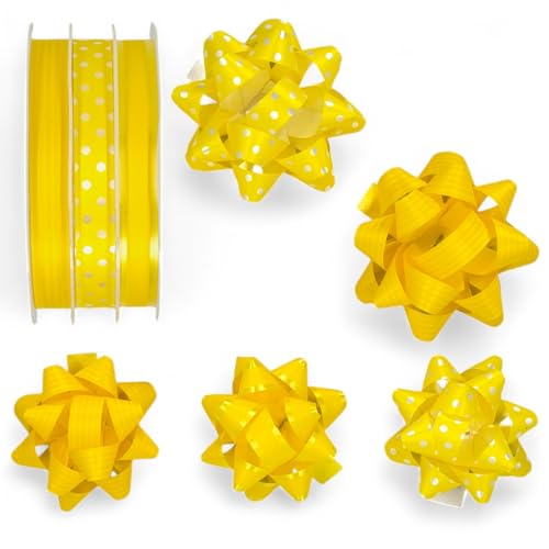 Set Ringelband Polyband Geschenk-Band Geschenkschleifen zum Basteln und Verpacken - glänzend & matt sortiert (Gelb, 3 Rollen Geschenkband + 5 Geschenkschleifen) von MIJOMA