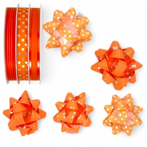 Set Ringelband Polyband Geschenk-Band Geschenkschleifen zum Basteln und Verpacken - glänzend & matt sortiert (Orange, 3 Rollen Geschenkband + 5 Geschenkschleifen) von MIJOMA