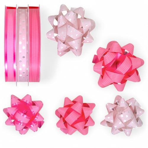 Set Ringelband Polyband Geschenk-Band Geschenkschleifen zum Basteln und Verpacken - glänzend & matt sortiert (Rosa, 3 Rollen Geschenkband + 5 Geschenkschleifen) von MIJOMA