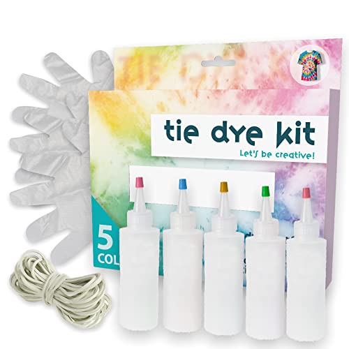 Tie Dye Kit Batik Set mit 5 Textilfarben inkl. Textilfarbe Applikator-Flaschen Gummibänder Handschuhe, DIY Batikfarben-Set Shirtfärben Krawattefärben von MIJOMA