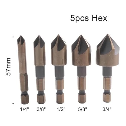5 Stück 82-Grad-Bohrer 1 4, 3 8, 1 2, 5 8, 3 4 Zoll M35 Senker-Bit-Set, sicherer Halt, glatteres Bohren, Fünf-Blatt-Design(Hexagonal) von MIKFESPO