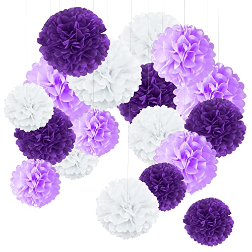 MILEEO 18 Stück Seidenpapier Pompons Papier PomPoms Blumen Ball Dekorpapier Kit für Hochzeit, Geburtstag, Baby Dusche, Party, Valentinstag und Freien 8,10,12 Zoll (Lila) von MILEEO