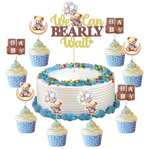 MILIAFLICK Cupcake Topper Baby Bär 13 Stück Junge Babyparty Kuchen Deko Blau Bären Cupcake Topper Gender Reveal Cake Toppers Junge Bear Tortendeko für Hochzeit Baby Shower Geburtstag Party Jungen von MILIAFLICK