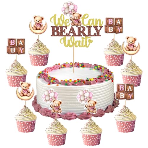 MILIAFLICK Cupcake Topper Baby Bär 13 Stück Mädchen Babyparty Kuchen Deko Rosa Gender Reveal Cupcake Topper Baby Bear Cake Toppers Mädchen Bären Tortendeko für Hochzeit Baby Shower Geburtstag Party von MILIAFLICK