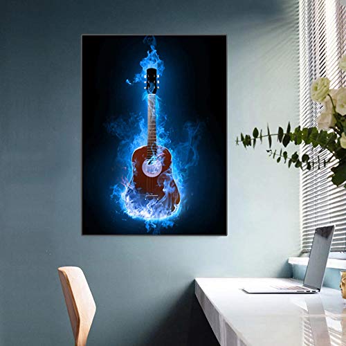 Malen Sie Zahlen Kits Blaue Flamme Gitarre Musikinstrument Malen Nach Zahlen DIY Ölgemälde Leinwand Druck Wandkunst Heimdekoration von MILIERAN