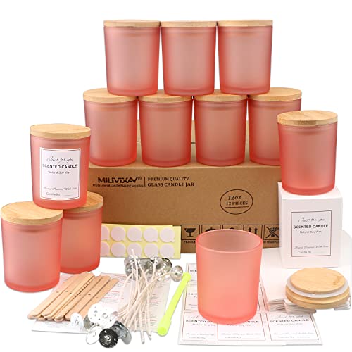 MILIVIXAY 12 Stück 340 ml mattrosa Glaskerzengläser mit Deckel und Kerzenherstellungs-Kits – leere Kerzengläser für die Herstellung von Kerzen – Gewürz-, Pulverbehälter von MILIVIXAY