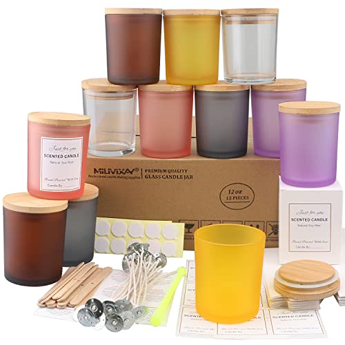 MILIVIXAY 12 Stück 340 ml bunte Glaskerzengläser mit Deckel und Kerzenherstellungs-Kits – leere Kerzengläser für die Herstellung von Kerzen – Gewürz-, Pulverbehälter von MILIVIXAY