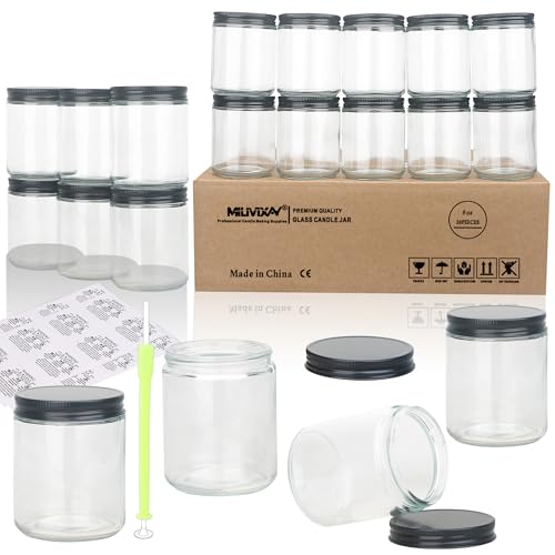 MILIVIXAY 20 Stück 237 ml dicke, transparente Kerzengläser aus Glas mit schwarzen Metalldeckeln, leere Kerzengläser für die Herstellung von Kerzen, Einmachglas für Gewürze, Flüssigkeiten, Proben von MILIVIXAY