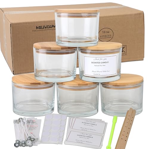 MILIVIXAY 6 x 473 ml Kerzengläser mit Bambusdeckel und Kerzenherstellungs-Kits – 3 Docht-Kerzenglas, leere transparente dicke Gläser für die Herstellung großer Kerzen – Gewürz-, Pulverbehälter. von MILIVIXAY