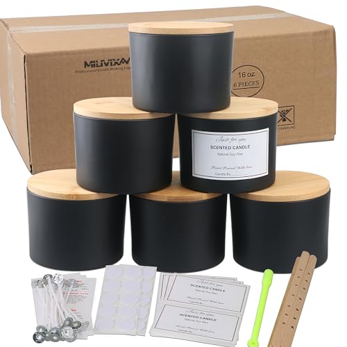 MILIVIXAY 6 Stück 473 ml Kerzengläser Mit Bambusdeckel und Kerzenherstellungs-Kits - 3 Docht-Gläser, Mattschwarze, Dicke Glas-Behälter für Große Kerzen - Gewürz- MILIVIXAY 6 Stück 473 ml Kerzengläser Mit Bambusdeckel und Kerzenherstellungs-Kits - 3 Docht-Gläser, Mattschwarze, Dicke Glas-Behälter für Große Kerzen - Gewürz- von MILIVIXAY
