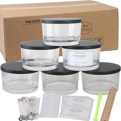 MILIVIXAY 6 x 680 ml Kerzengläser Mit Metalldeckel und Herstellungs-Kits - 3 Docht-Gläser, Leere Transparente Dicke Glas-Behälter für Große Kerzen - Gewürz- von MILIVIXAY