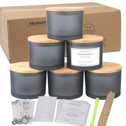 MILIVIXAY 6 x 473 ml Kerzengläser mit Bambusdeckel und Kerzenherstellungs-Kits – 3 Docht-Kerzengläser, leere Milchgraue, dicke Glas-Kerzengläser für die Herstellung großer Kerzen – Gewürz-, von MILIVIXAY