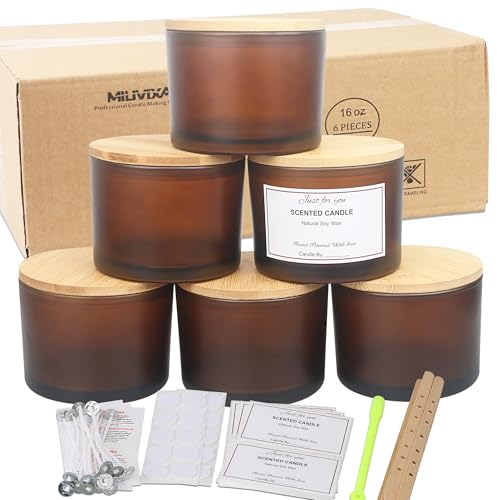 MILIVIXAY 6 x 473 ml Kerzengläser mit Bambusdeckel und Kerzenherstellungs-Kits – 3-Docht-Kerzenglas, leere mattierte bernsteinfarbene dicke Gläser für die Herstellung großer Kerzen – Gewürz von MILIVIXAY