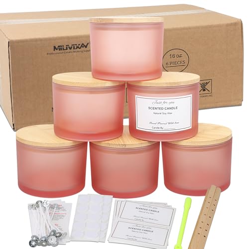MILIVIXAY 6 x 473 ml Kerzengläser mit Bambusdeckel und Kerzenherstellungs-Kits – 3 Docht-Kerzenglas, leere mattrosa dicke Gläser für die Herstellung großer Kerzen – Gewürz-, Pulverbehälter MILIVIXAY 6 x 473 ml Kerzengläser mit Bambusdeckel und Kerzenherstellungs-Kits – 3 Docht-Kerzenglas, leere mattrosa dicke Gläser für die Herstellung großer Kerzen – Gewürz-, Pulverbehälter von MILIVIXAY