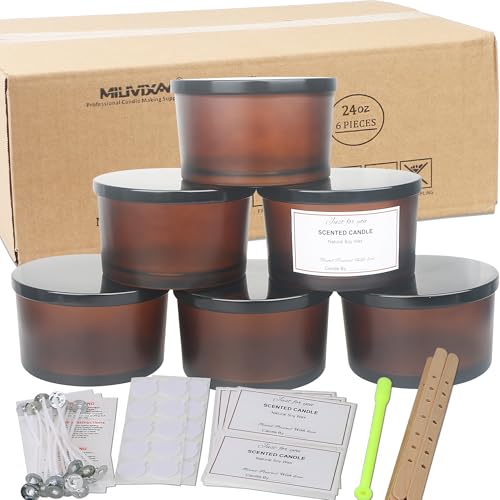 MILIVIXAY 6 x 680 ml Kerzengläser mit Metalldeckel und Kerzenherstellungs-Kits – 3 Docht-Kerzenglas, leere mattierte bernsteinfarbene dicke Gläser für die Herstellung großer Kerzen – Gewürz von MILIVIXAY