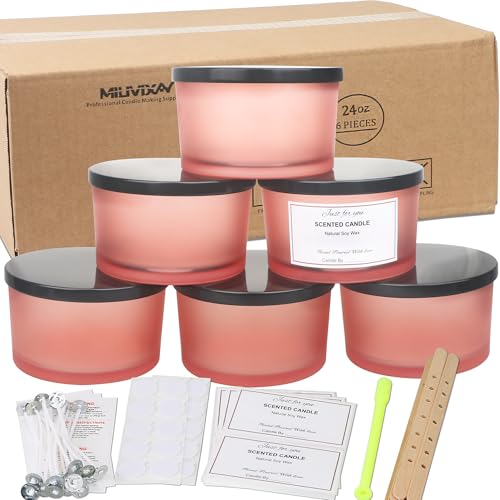 MILIVIXAY 6 x 680 ml Kerzengläser mit Metalldeckeln und Kerzenherstellungs-Kits – 3 Docht-Kerzenglas, leere mattrosa dicke Gläser für die Herstellung großer Kerzen – Gewürz-, Pulverbehälter. von MILIVIXAY