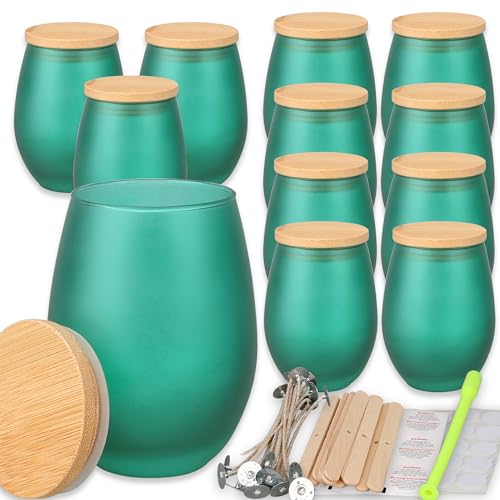 MILIVIXAY Kerzengläser Mit Bambusdeckel und Herstellungs-Kits - Mattgrüne, Leere Ovale Design-Gläser für Große Kerzen, Gewürz-, Pulverbehälter, 12 Stück von MILIVIXAY