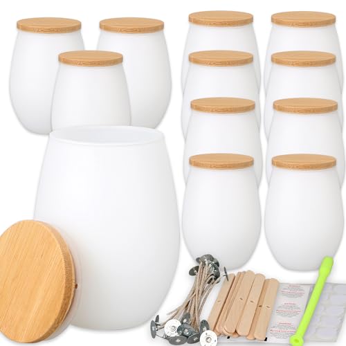 MILIVIXAY Kerzengläser mit Bambusdeckel und Kerzenherstellungs-Kits – mattweiße Kerzengläser, leere ovale Design-Kerzengläser für die Herstellung großer Kerzen, Gewürz-, Pulverbehälter, 12 Stück von MILIVIXAY