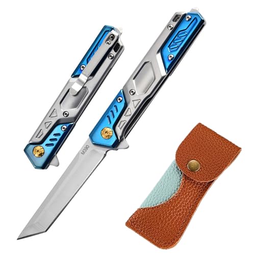 Outdoor Taschenmesser Klappmesser mit M390 Stahl,EDC Survival Messer Taschenclip Glasbrecher Lederhülle,Ultraleicht 150g in Geschenkbox,Camping Wandern Jagdmesser für Männer Frau von MIMEMY