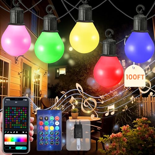 Lichterkette Außen, 30M 50 LED Dimmbar Bunt Smart RGBCW Glühbirnen, mit Fernbedienung und App, Timer, 16 Millionen Farben und über 50 Szenenmodi, wasserdicht für Party und Garten von MINENICE