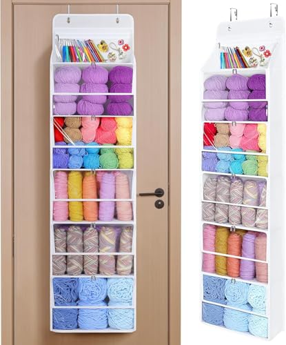 Tür hängende Wolle Aufbewahrung, Hängeorganizer Tür mit 5 durchsichtigen Kunststofftaschen & 3 großen Metallhaken für Stricknadeln,Hängender Garn-Organizer für Stricknadeln, Häkelnadeln, Nähkugeln von MINENICE