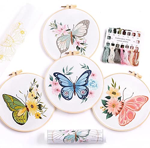 MINGHAM 4-teiliges Stickset mit Motiven und Anweisungen für Anfänger, enthält 2 Stickrahmen aus Kunststoff, farbige Fäden und Nadeln (Schmetterling) von MINGHAM