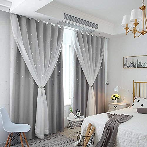 MINGPINHUIUS Sternen-Vorhang, Verdunkelungsvorhänge für Kinder, Mädchen, Schlafzimmer, Wohnzimmer, doppellagig, Sterne, Elegante Vorhänge, Fenstervorhang mit Netz (Grau, 1 Vorhang B 132,1 cm x L) von MINGPINHUIUS