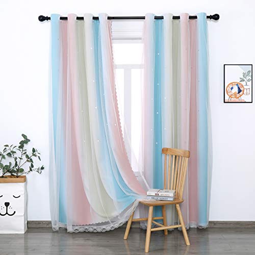 Vorhang Blickdicht Verdunkelungsvorhänge Sterne Gardinen Doppelschicht Sternenvorhänge mit Voile Vorhänge für Mädchen Schlafzimmer Wohnzimmer Kinderzimmer, 2 Stück (Regenbogen, B130 x H 243 cm) von MINGPINHUIUS