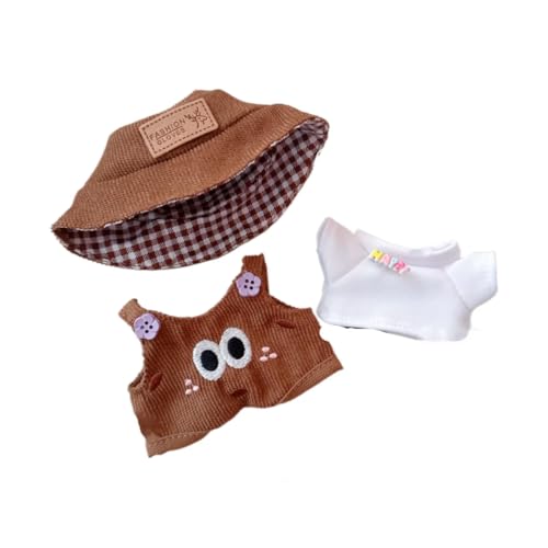 Labubu-Puppen-Kleidungs-Set für 17 cm große Labubu-Zubehör, Anzug ohne Puppe, 1 Overall + 1 Hut + 1 T-Shirt (brauner Overall, 3-teiliges Set) von MINGSOLDIER